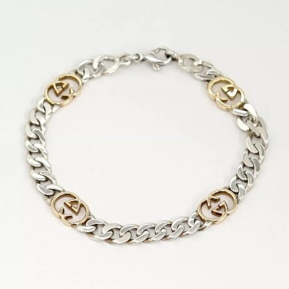 GUCCI Interlocking G Chain Bracelet 7" Silver 925 & 18K Yellow Gold Auth w/Box - Picture 10 of 15